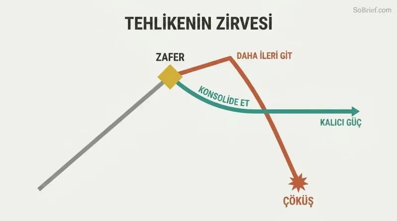 A rising trajectory reaches a peak labeled Victory, where two paths diverge: one climbs briefly then crashes down to Downfall, while the other levels into a stable plateau of Lasting Power.