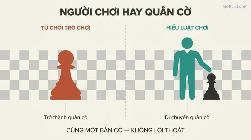 Chessboard split into two sides contrasting a passive chess pawn with an active human figure moving pieces.