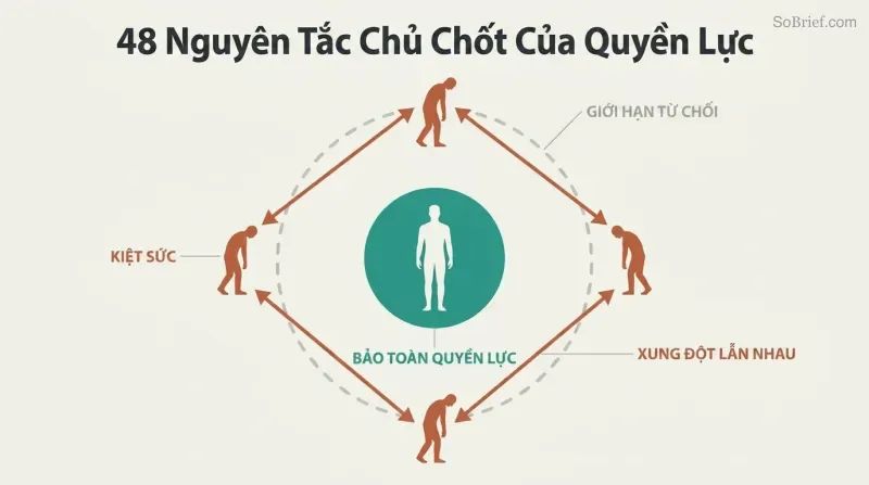 Central calm figure inside a teal circle stands apart while four surrounding silhouettes connected by double-headed conflict arrows exhaust each other.