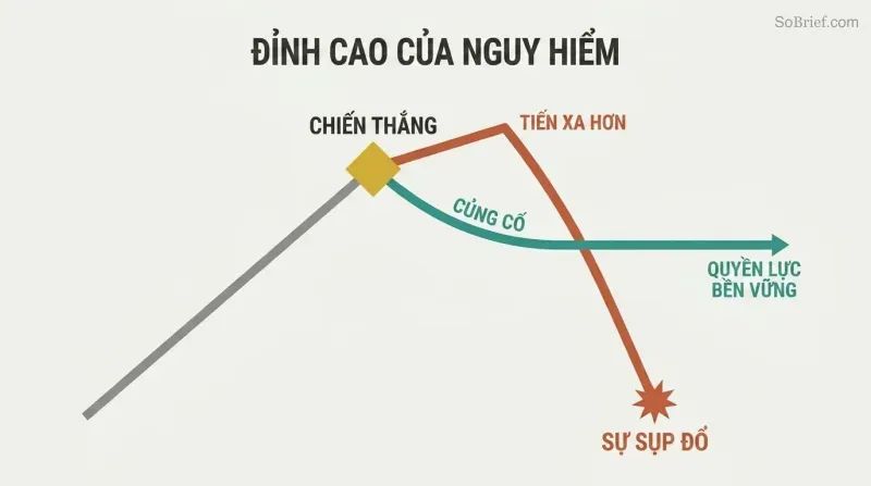 A rising trajectory reaches a peak labeled Victory, where two paths diverge: one climbs briefly then crashes down to Downfall, while the other levels into a stable plateau of Lasting Power.