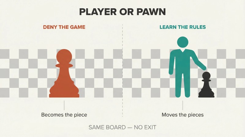 Chessboard split into two sides contrasting a passive chess pawn with an active human figure moving pieces.
