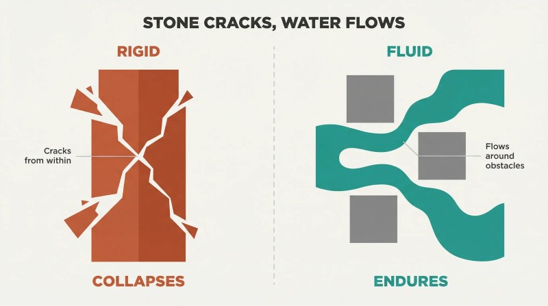 Split panel contrasting a cracking rigid pillar that self-destructs on the left with a fluid teal stream flowing smoothly around obstacles on the right.