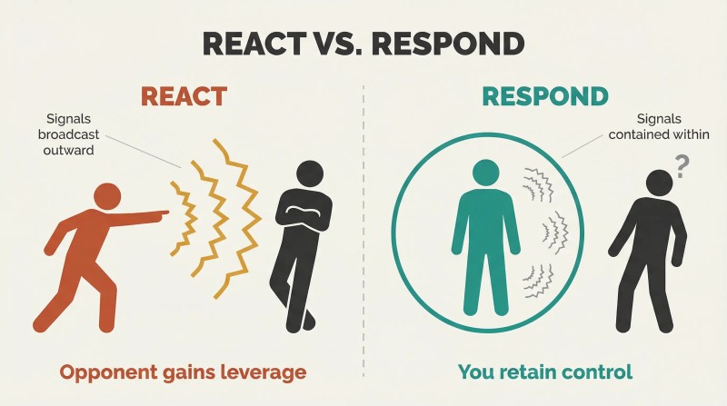 Split panel contrasting emotional outbursts that broadcast vulnerability signals to opponents with composed responses that contain emotions and preserve strategic control.