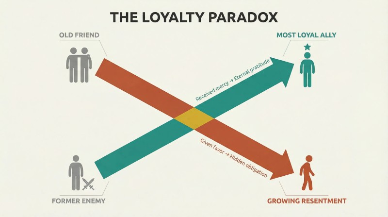 Two crossing diagonal arrows form an X, showing a former enemy ascending to become the most loyal ally while an old friend descends into growing resentment.