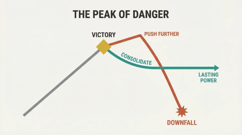 A rising trajectory reaches a peak labeled Victory, where two paths diverge: one climbs briefly then crashes down to Downfall, while the other levels into a stable plateau of Lasting Power.