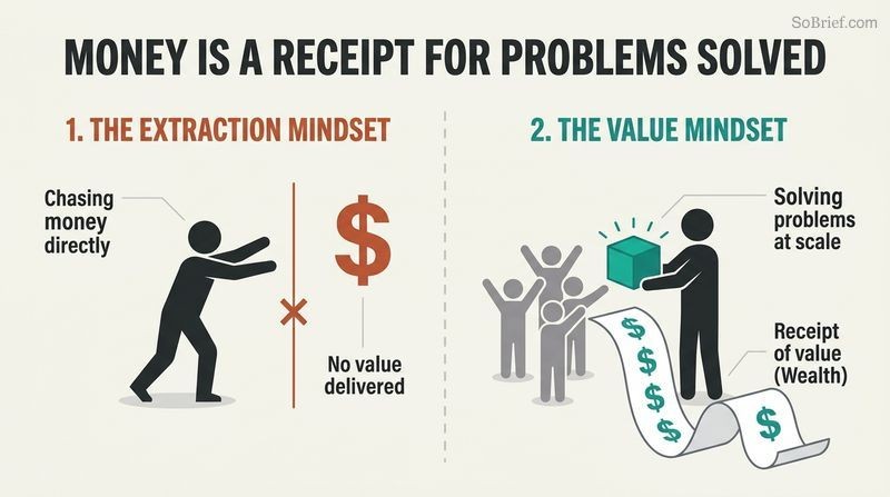 Split-panel diagram contrasting a self-focused mindset that chases money directly with a value-focused mindset that solves problems at scale to earn wealth as a receipt.