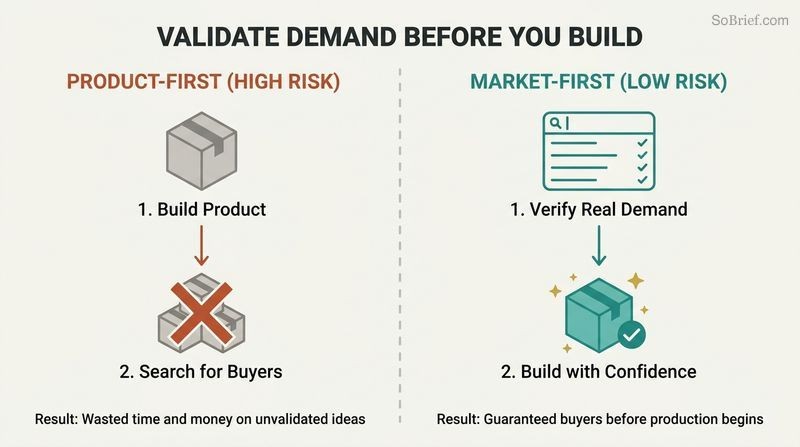 Split-panel comparison contrasting the high-risk Product-First sequence with the low-risk Market-First validation strategy.