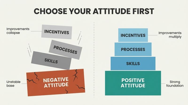 Split panel showing how a negative attitude foundation causes skills and processes to collapse, while a positive attitude foundation keeps improvements stable and aligned.