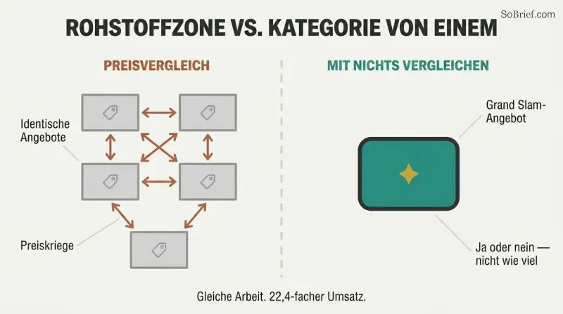 Split comparison showing a cluster of identical offers connected by price-comparison arrows on the left versus a single distinctive offer standing alone on the right with no possible comparison.