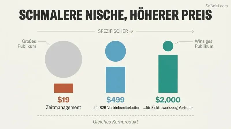Three columns showing audience circles shrinking and price bars growing as niche specificity increases from generic to ultra-specific.
