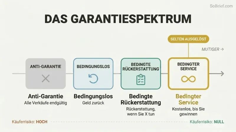 Four guarantee types arranged on a boldness spectrum from anti-guarantee to conditional service, with the boldest option highlighted as rarely triggered.