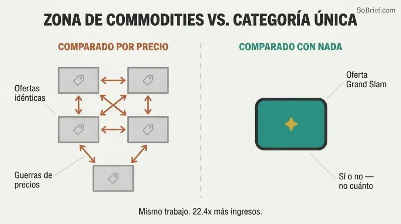 Split comparison showing a cluster of identical offers connected by price-comparison arrows on the left versus a single distinctive offer standing alone on the right with no possible comparison.