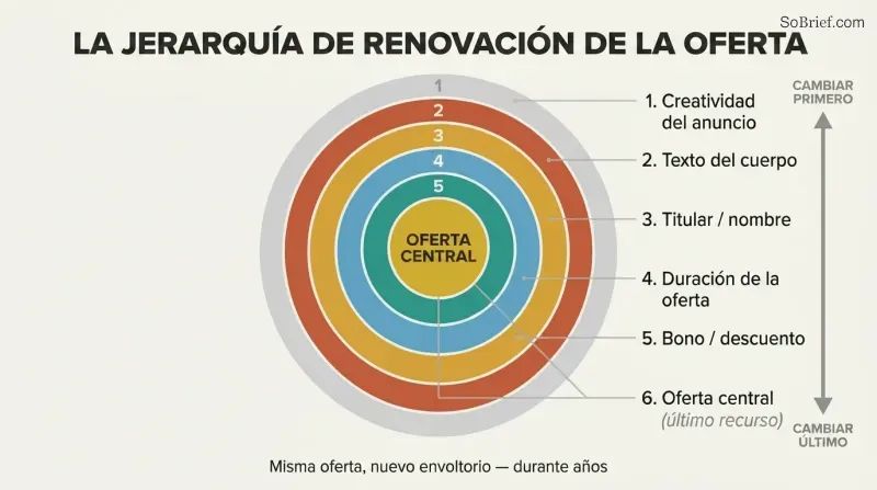 Concentric rings showing layers of marketing changes from outermost ad creative to the protected core offer at center, illustrating what to change first when results stall.