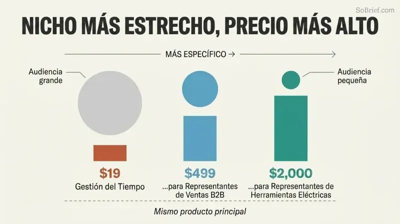 Three columns showing audience circles shrinking and price bars growing as niche specificity increases from generic to ultra-specific.