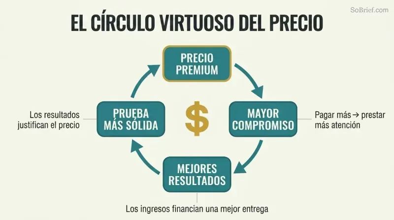 Four-node circular diagram showing how premium pricing drives client commitment, better results, stronger proof, and back to justified premium pricing in a self-reinforcing loop.