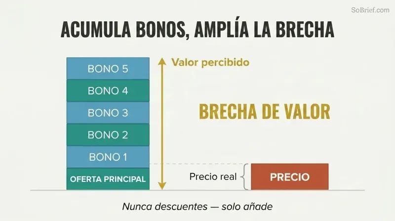 Two columns comparing a tall stack of bonus blocks representing perceived value against a short block representing actual price, with the gap between them highlighted.