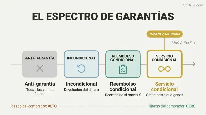 Four guarantee types arranged on a boldness spectrum from anti-guarantee to conditional service, with the boldest option highlighted as rarely triggered.
