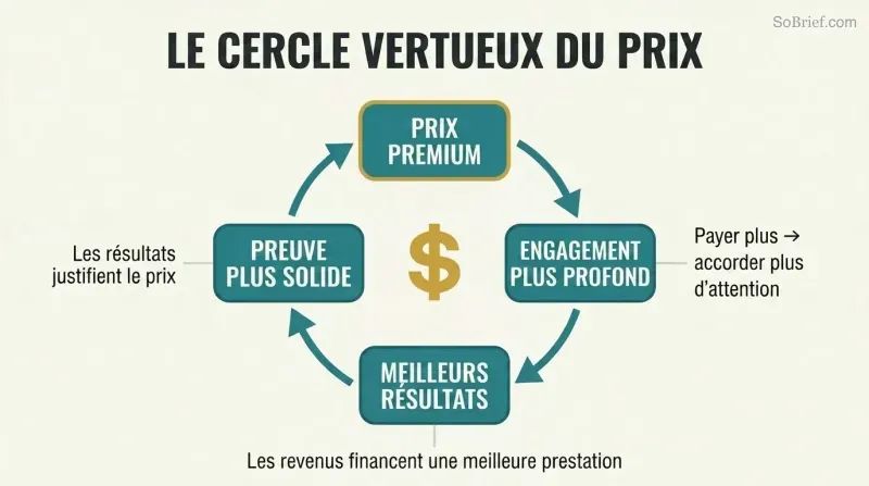 Four-node circular diagram showing how premium pricing drives client commitment, better results, stronger proof, and back to justified premium pricing in a self-reinforcing loop.