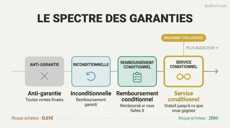 Four guarantee types arranged on a boldness spectrum from anti-guarantee to conditional service, with the boldest option highlighted as rarely triggered.