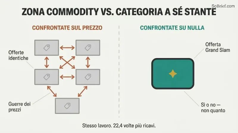 Split comparison showing a cluster of identical offers connected by price-comparison arrows on the left versus a single distinctive offer standing alone on the right with no possible comparison.