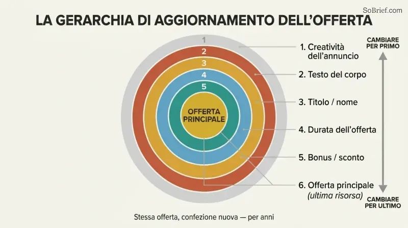 Concentric rings showing layers of marketing changes from outermost ad creative to the protected core offer at center, illustrating what to change first when results stall.