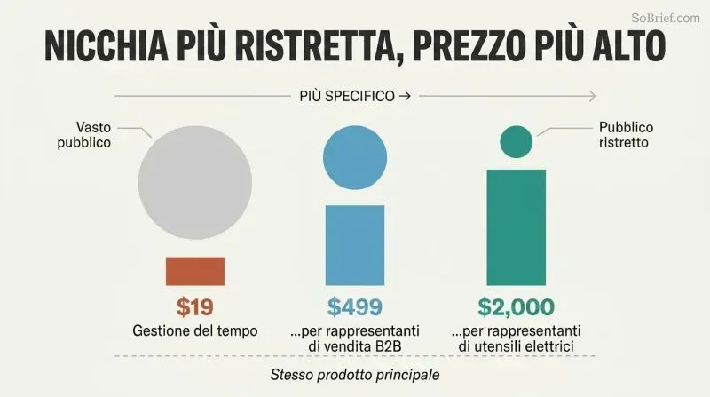 Three columns showing audience circles shrinking and price bars growing as niche specificity increases from generic to ultra-specific.