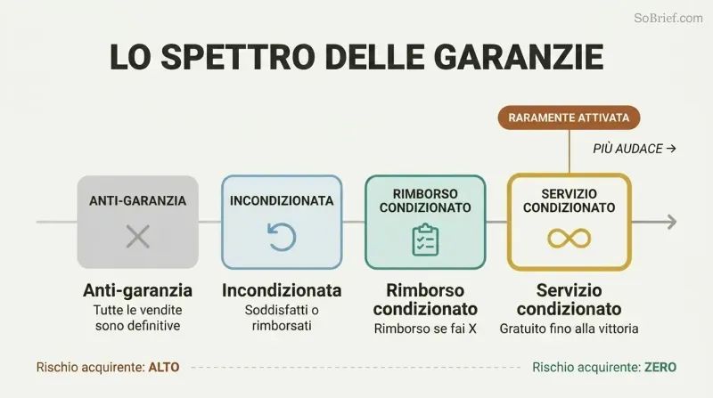 Four guarantee types arranged on a boldness spectrum from anti-guarantee to conditional service, with the boldest option highlighted as rarely triggered.