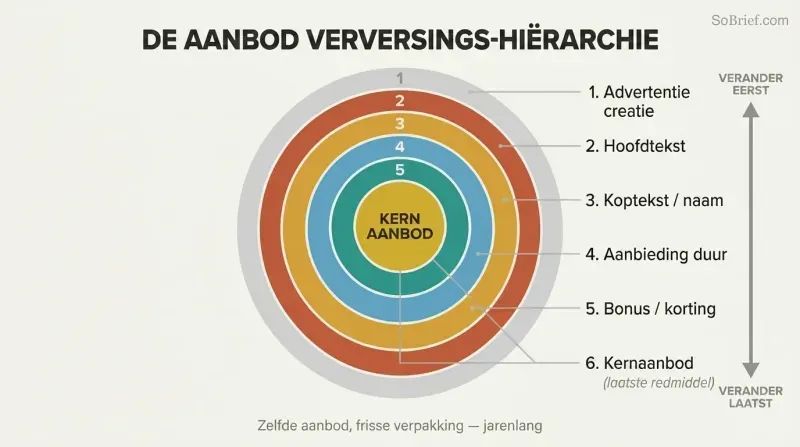 Concentric rings showing layers of marketing changes from outermost ad creative to the protected core offer at center, illustrating what to change first when results stall.