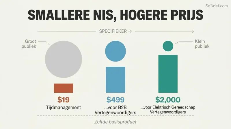 Three columns showing audience circles shrinking and price bars growing as niche specificity increases from generic to ultra-specific.