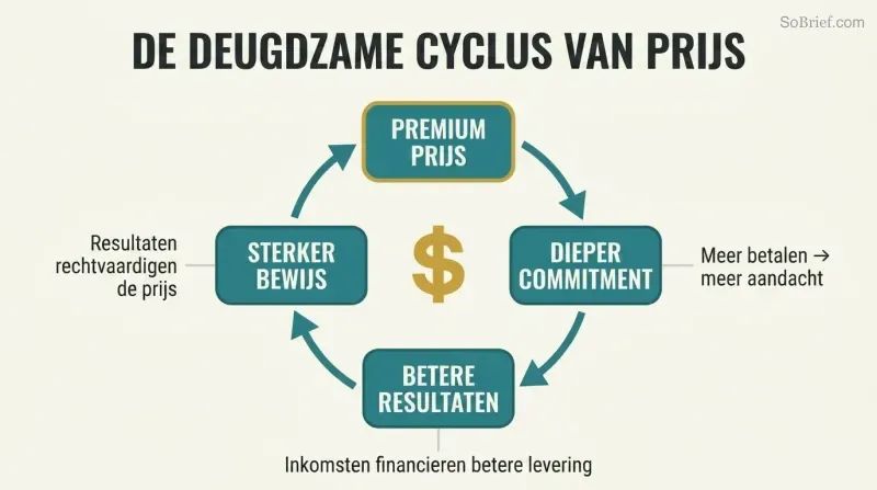 Four-node circular diagram showing how premium pricing drives client commitment, better results, stronger proof, and back to justified premium pricing in a self-reinforcing loop.