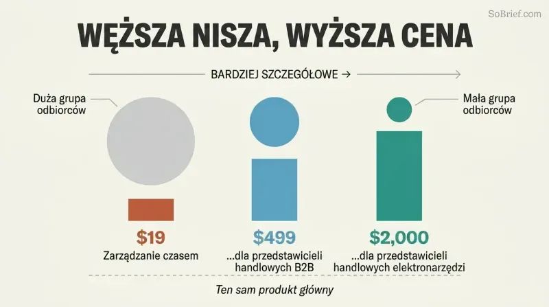 Three columns showing audience circles shrinking and price bars growing as niche specificity increases from generic to ultra-specific.