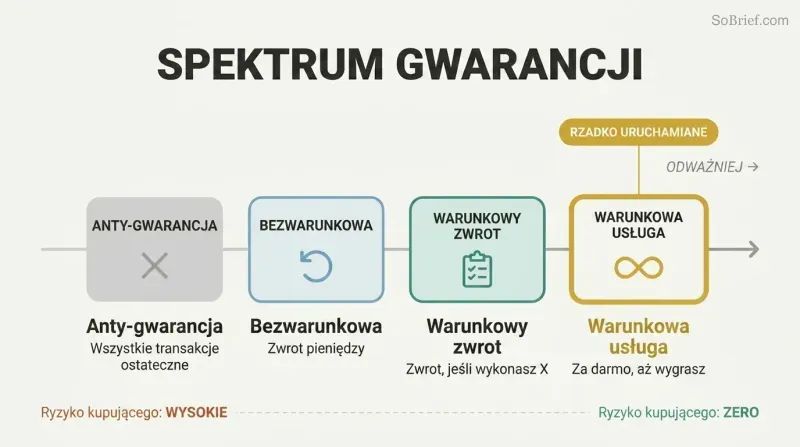 Four guarantee types arranged on a boldness spectrum from anti-guarantee to conditional service, with the boldest option highlighted as rarely triggered.