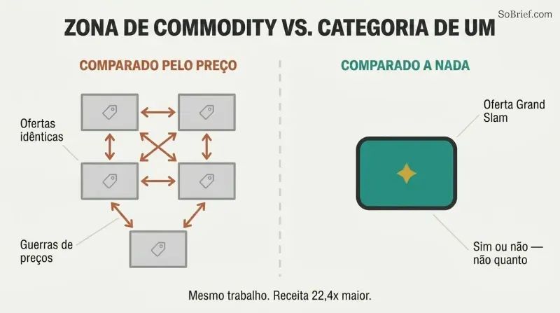 Split comparison showing a cluster of identical offers connected by price-comparison arrows on the left versus a single distinctive offer standing alone on the right with no possible comparison.
