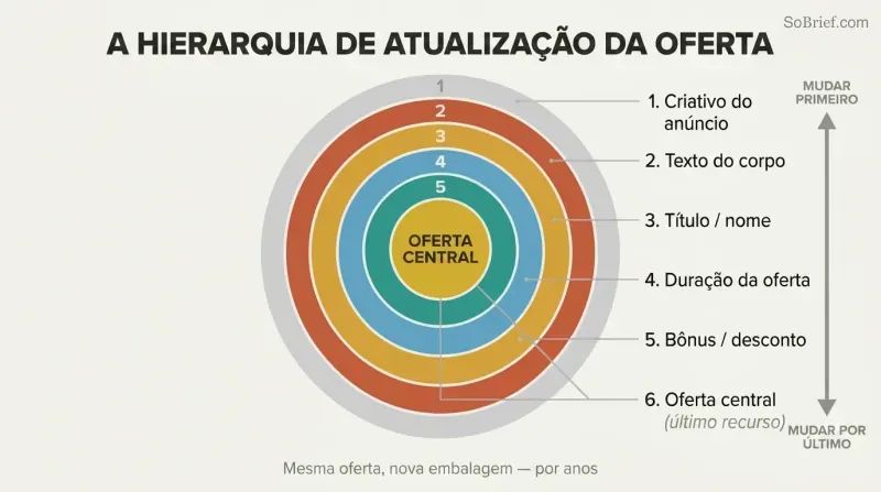 Concentric rings showing layers of marketing changes from outermost ad creative to the protected core offer at center, illustrating what to change first when results stall.