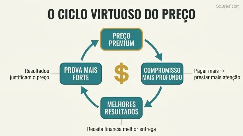 Four-node circular diagram showing how premium pricing drives client commitment, better results, stronger proof, and back to justified premium pricing in a self-reinforcing loop.