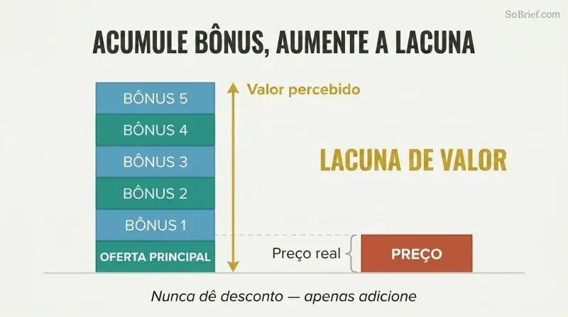 Two columns comparing a tall stack of bonus blocks representing perceived value against a short block representing actual price, with the gap between them highlighted.