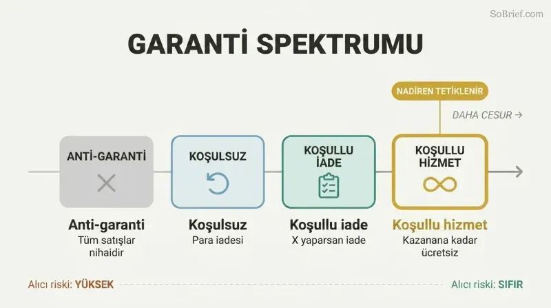 Four guarantee types arranged on a boldness spectrum from anti-guarantee to conditional service, with the boldest option highlighted as rarely triggered.