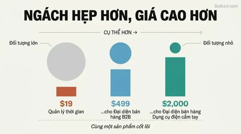 Three columns showing audience circles shrinking and price bars growing as niche specificity increases from generic to ultra-specific.