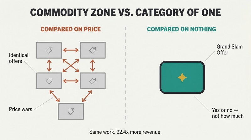 Split comparison showing a cluster of identical offers connected by price-comparison arrows on the left versus a single distinctive offer standing alone on the right with no possible comparison.