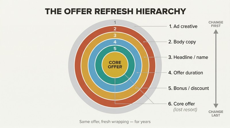 Concentric rings showing layers of marketing changes from outermost ad creative to the protected core offer at center, illustrating what to change first when results stall.