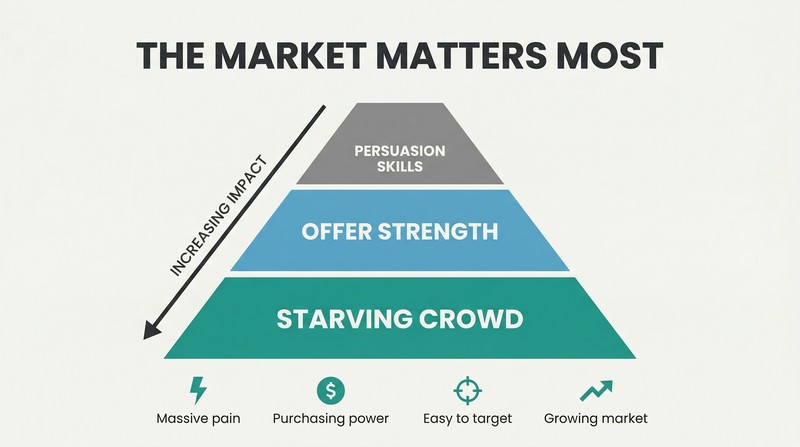 Three-tier pyramid showing starving crowd as the massive foundation, with offer strength and persuasion skills as progressively smaller layers above.