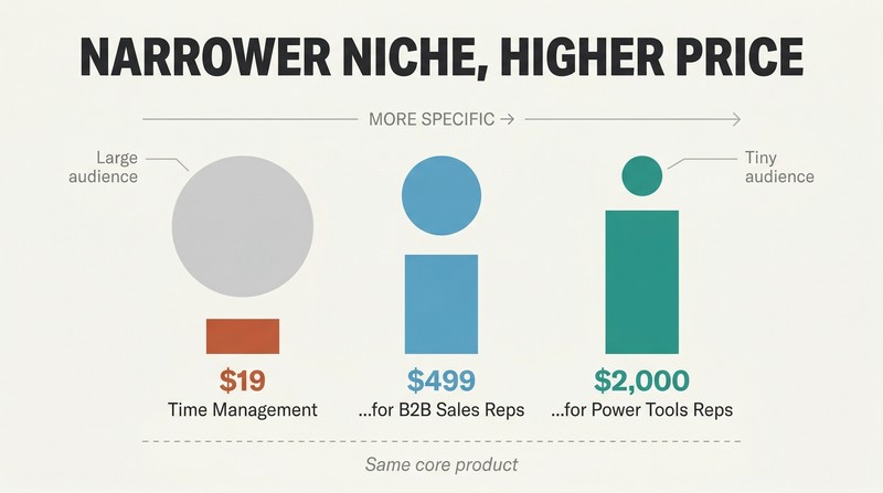 Three columns showing audience circles shrinking and price bars growing as niche specificity increases from generic to ultra-specific.