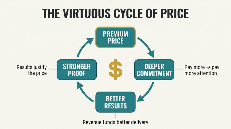 Four-node circular diagram showing how premium pricing drives client commitment, better results, stronger proof, and back to justified premium pricing in a self-reinforcing loop.