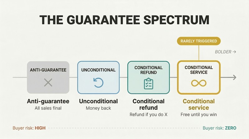 Four guarantee types arranged on a boldness spectrum from anti-guarantee to conditional service, with the boldest option highlighted as rarely triggered.