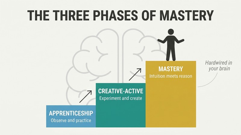 Ascending three-step staircase showing the progression from Apprenticeship through Creative-Active to Mastery, with a brain outline behind the steps.