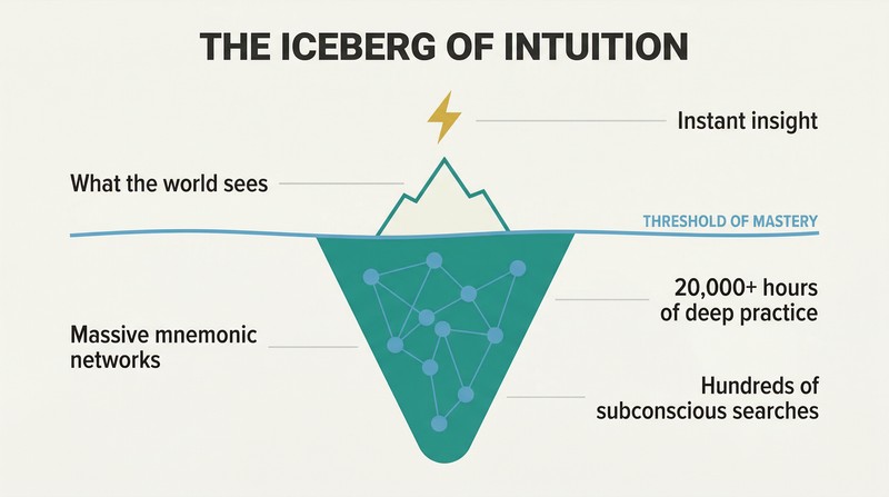 Iceberg diagram showing a small lightning bolt of intuition above a waterline with a massive structure of accumulated memory and 20,000+ hours of practice submerged below.