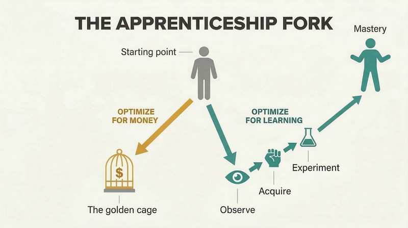 Fork diagram showing an early-career figure choosing between a paycheck path leading down to a golden cage and a learning path ascending through three stages toward mastery.