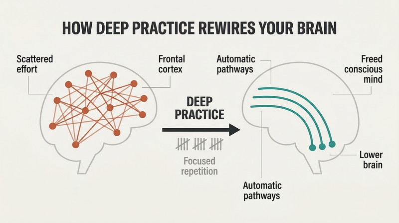 Transformation diagram showing tangled scattered neural connections on the left becoming clean streamlined pathways on the right through deep focused practice.
