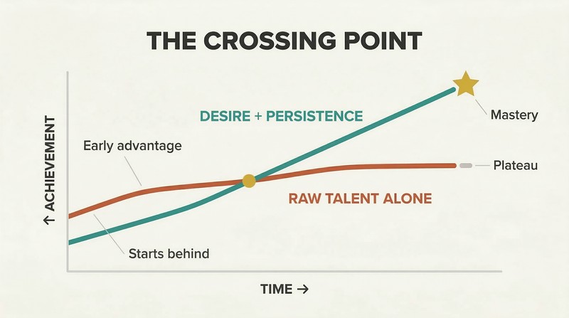 Two trajectory lines over time where raw talent starts high but plateaus while desire and persistence starts lower but keeps rising past it toward mastery.