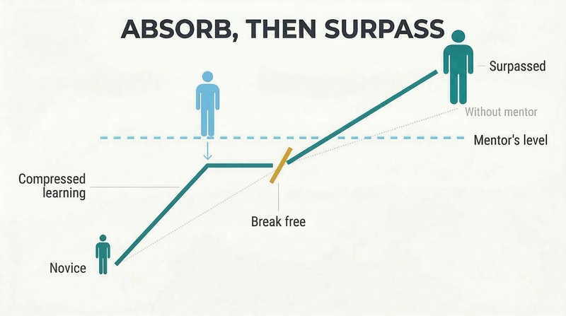 Rising trajectory showing a learner's steep growth during mentorship, a break-free moment, and the learner surpassing the mentor's level.